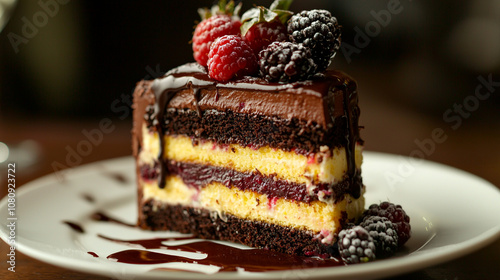 Decadent Chocolate Cake Slice with Fresh Raspberries, chocolate cake, raspberries, dessert, layered cake