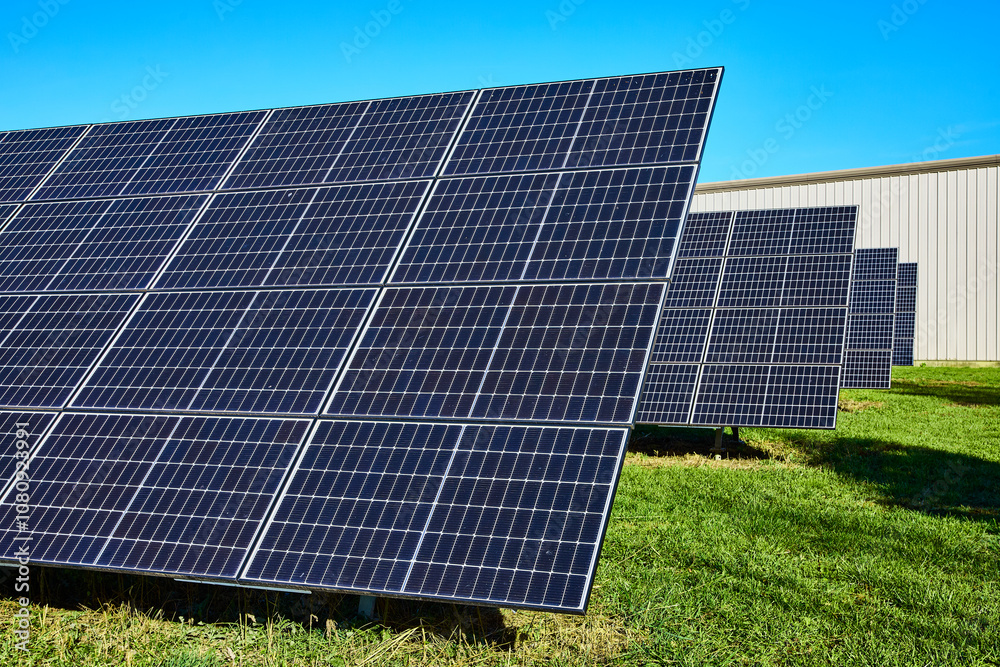 Solar Panels on Grassy Field in Sunlit Rural Setting Eye-Level View Solar Panels on Grassy Field in Sunlit Rural Setting Eye-Level View