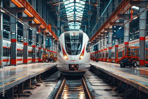 Train Depot: Modern Train Carriage Undergoing Maintenance Service in Railway Depot photo