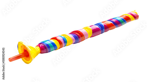 Colorful party blower for New Year celebration on a plain white background, no shadows photo