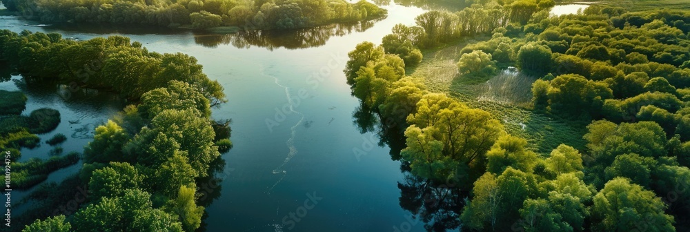 Water Ecosystem. Aerial View of Green Forest and River Landscape in Sunny Spring Evening Water Ecosystem. Aerial View of Green Forest and River Landscape in Sunny Spring Evening