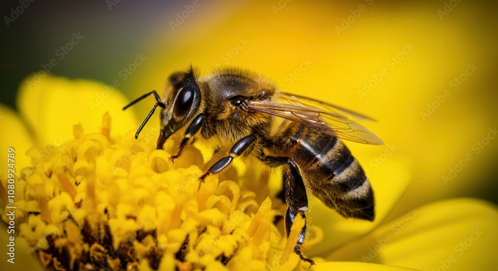 Close-up of honeybee pollinating vivid yellow flower Close-up of honeybee pollinating vivid yellow flower