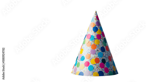 Colorful New Year 2025 party hat with confetti patterns on a plain white background, no shadows