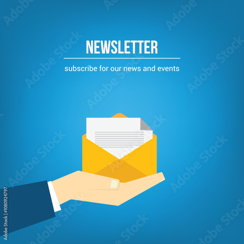 Newsletter. vector illustration of email marketing. subscription to newsletter, news, offers, promotions. a letter and envelope. subscribe, submit. send by mail.	