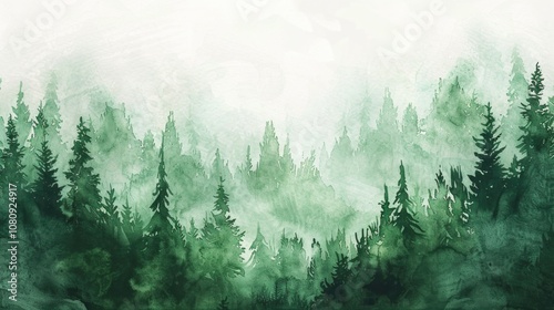 Watercolor Tree Background. Mountain Landscape Design with Pine Trees for Wedding Invitations