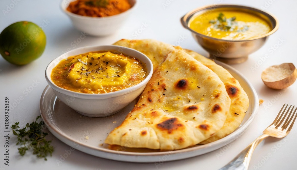 Freshly Baked Butter Garlic Naan, Lightly Brushed with Ghee and Served with a Side of Spicy Indian Curry on a Clean White Background, Ready to Enjoy Freshly Baked Butter Garlic Naan, Lightly Brushed with Ghee and Served with a Side of Spicy Indian Curry on a Clean White Background, Ready to Enjoy