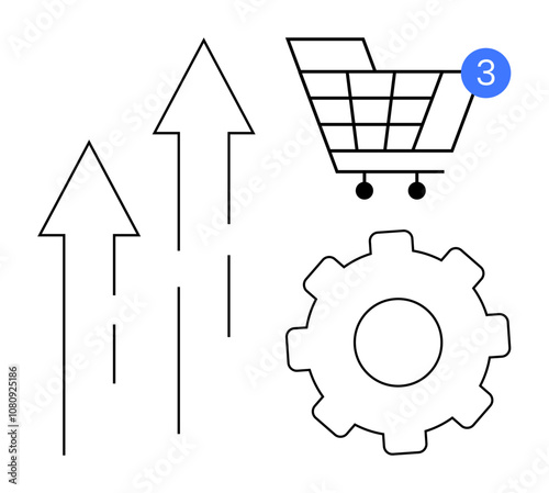 Three ascending arrows, shopping cart with notification, gear cogwheel. Ideal for business growth, e-commerce, marketing strategies, shopping trends, productivity improvement, system optimization