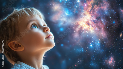 Child looking up at the cosmos, surrounded by bright, colorful galaxies. AI-generated