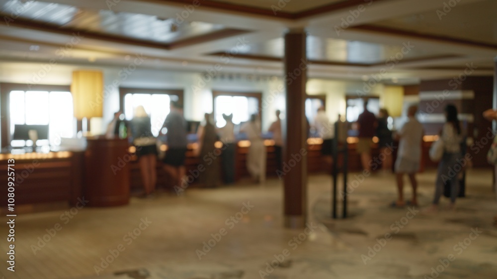 Blurred people standing in a luxurious cruise ship hall, with an elegant indoor bokeh effect emphasizing a lavish setting and leisure atmosphere. Blurred people standing in a luxurious cruise ship hall, with an elegant indoor bokeh effect emphasizing a lavish setting and leisure atmosphere.