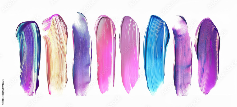 Holographic rainbow lipstick or paint smears set, isolated on white background. Trendy color makeup smudge swatches of creamy eye shadow, lipstick or brush strokes on a white background Holographic rainbow lipstick or paint smears set, isolated on white background. Trendy color makeup smudge swatches of creamy eye shadow, lipstick or brush strokes on a white background