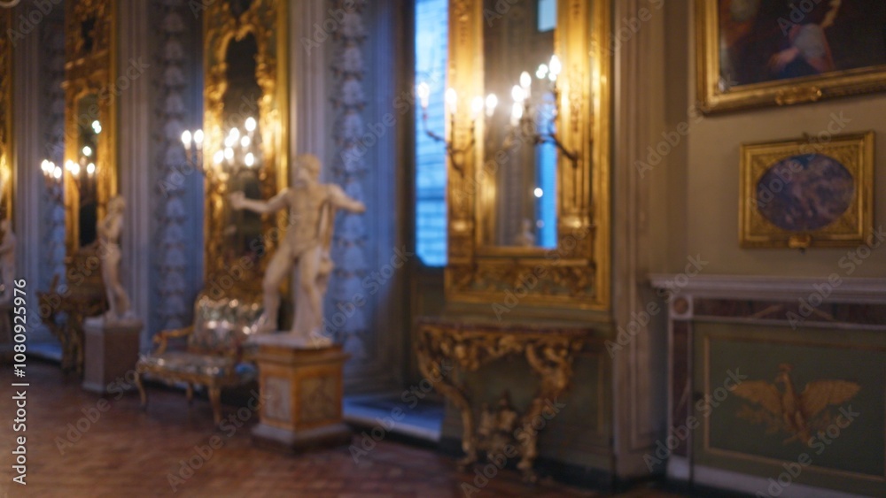 Blurred image showcasing the ornate and opulent interior of the galleria doria pamphilj with statues and golden decor under warm, defocused lighting. Blurred image showcasing the ornate and opulent interior of the galleria doria pamphilj with statues and golden decor under warm, defocused lighting.