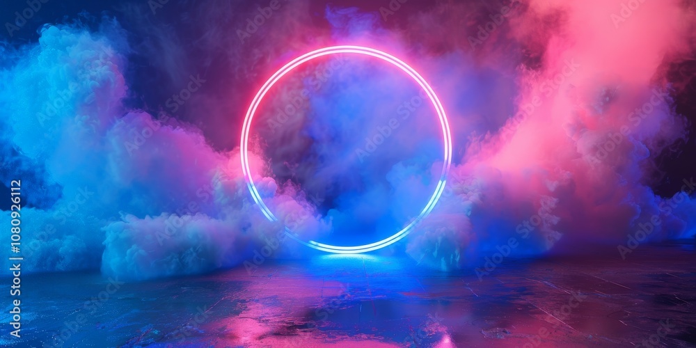 Abstract neon light portal, neon round linear frame with smoke and reflection on rough concrete wet floor. Abstract neon light portal, neon round linear frame with smoke and reflection on rough concrete wet floor.