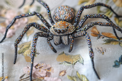 A detailed beaded spider delicately crafted and placed on luxurious gold and black patterned fabric, showcasing elaborate design and elegance, perfect for Halloween or decorative artistic themes. photo