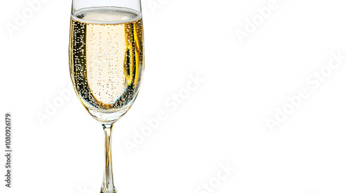 Champagne flute with gold trim on a white background, no shadows photo