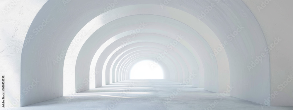 Fototapeta premium Empty white tunnel, futuristic 3d rendering style abstract corridor. Futuristic empty floor and wall background technology interior concept.