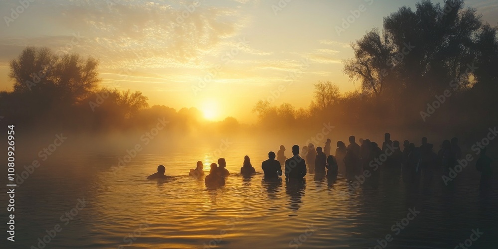Obraz premium Pastor Baptizing a Convert in a Misty River at Sunrise