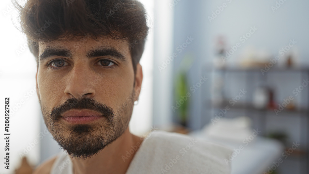 Obraz premium Handsome young man with a beard posing for a portrait inside a spa wellness center