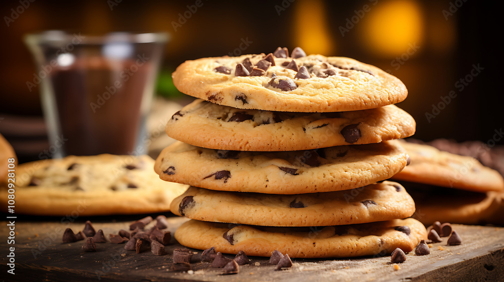 Stack of Freshly Baked Chocolate Chip Cookies on Rustic Wooden Table Stack of Freshly Baked Chocolate Chip Cookies on Rustic Wooden Table