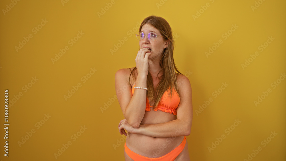 Attractive blonde woman wearing glasses and orange swimsuit stands with hand on mouth over isolated yellow background