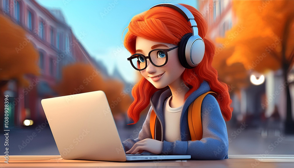 D Teen redhead hipster girl student wearing headphones using laptop D Teen redhead hipster girl student wearing headphones using laptop