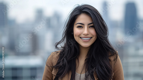 Photo of a happy young hispanic woman with braces, taking in the city view with delight