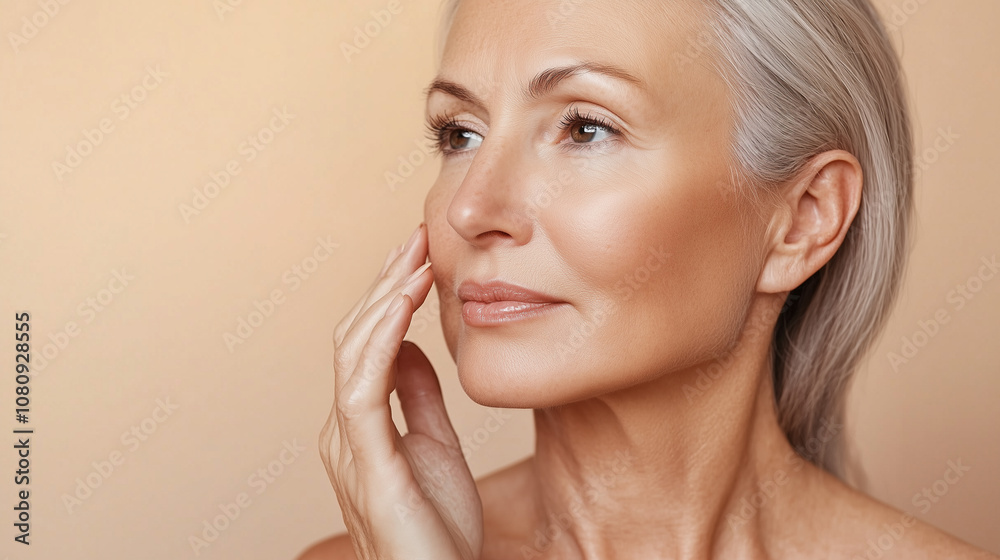 Fototapeta premium Radiant Morning Skincare Routine for Mature Blonde Woman