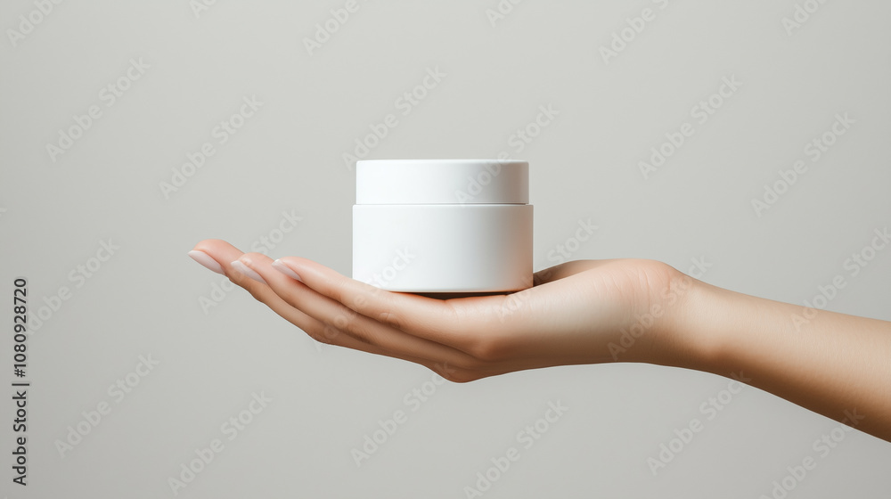 Mockup of Cosmetic Container Held by Woman's Hand for Branding Mockup of Cosmetic Container Held by Woman's Hand for Branding