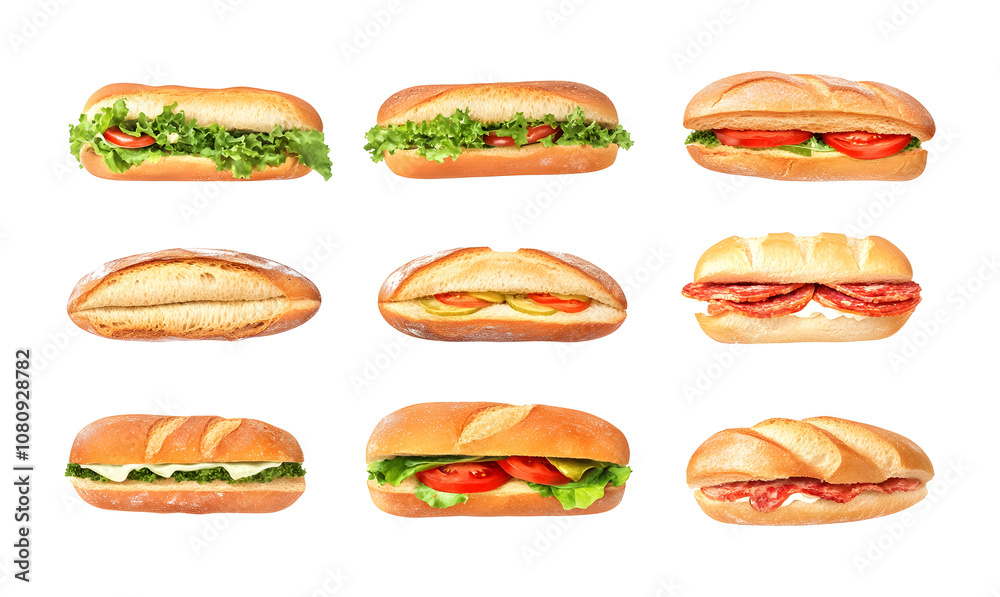 Set of different views of baguette sandwich on a transparent background. isolated background. Set of different views of baguette sandwich on a transparent background. isolated background.
