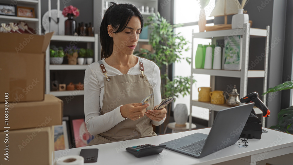 Woman counting money in home decor store while using laptop surrounded by boxes plants and home accessories Woman counting money in home decor store while using laptop surrounded by boxes plants and home accessories