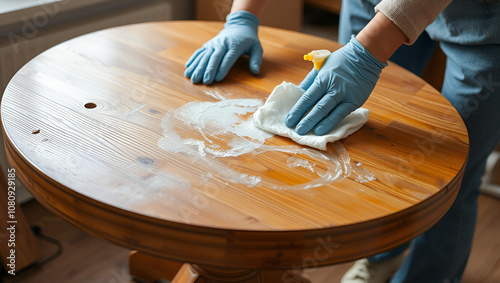 furniture renovation, diy and home improvement concept - close up of woman degreasing old round wooden table surface with solvent and paper photo