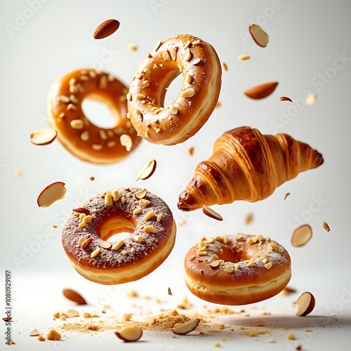 Fresh croissant Nuts bread with chocolate puff pastry dough lies, Breakfast sweet bun and croissant baguette Isolated mood on white background, Generative ai illustration.	 photo