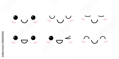 Kawaii facial expressions of joy, happiness, calmness, peace. Vector illustration of simple positive emotions character with eyes and mouth.