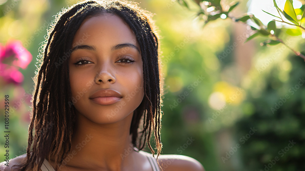 Serene portrait of a young woman with dreadlocks, enjoying a sunny day amidst the vibrant greenery of a lush garden Serene portrait of a young woman with dreadlocks, enjoying a sunny day amidst the vibrant greenery of a lush garden