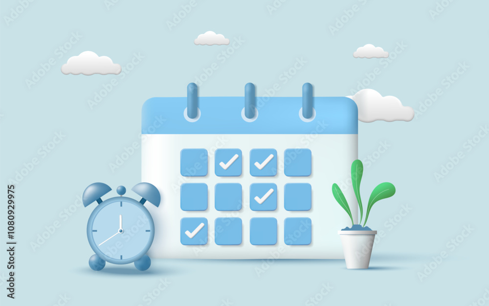 Calendar icon with check sign and alarm clock. Work planning, Meeting reminder planner, Office deadline, Business planning, Appointment, Agenda mark date. Planning concept. 3d vector illustration Calendar icon with check sign and alarm clock. Work planning, Meeting reminder planner, Office deadline, Business planning, Appointment, Agenda mark date. Planning concept. 3d vector illustration