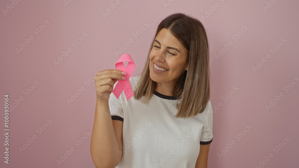 Young woman holding a pink breast cancer awareness ribbon, smiling warmly, isolated against a pink background Young woman holding a pink breast cancer awareness ribbon, smiling warmly, isolated against a pink background