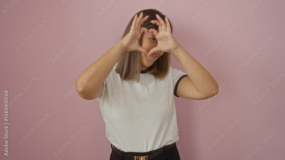 Young woman making a heart gesture with her hands over a pink background, showcasing her beautiful brunette hair and attractive facial expression Young woman making a heart gesture with her hands over a pink background, showcasing her beautiful brunette hair and attractive facial expression