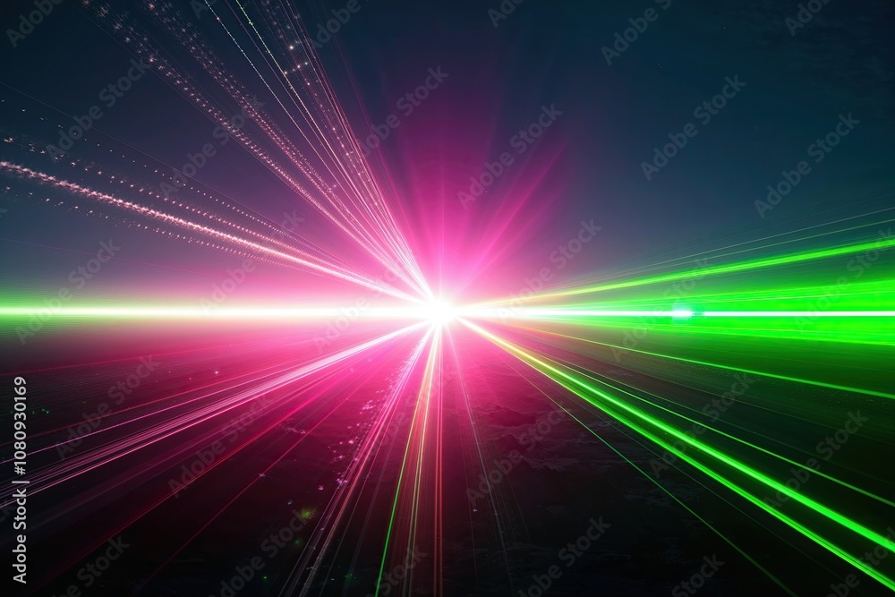 Vibrant Green Laser Pulse Shining in Midnight Sky with Lens Flare and Radiant Light Rays Vibrant Green Laser Pulse Shining in Midnight Sky with Lens Flare and Radiant Light Rays