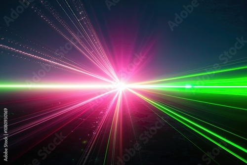 Vibrant Green Laser Pulse Shining in Midnight Sky with Lens Flare and Radiant Light Rays