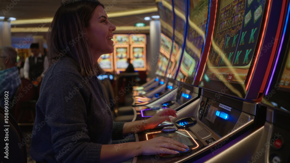 Woman playing slot machine in vibrant las vegas casino setting, capturing excitement and energy of nightlife with bright lights and intense concentration indoors. Woman playing slot machine in vibrant las vegas casino setting, capturing excitement and energy of nightlife with bright lights and intense concentration indoors.