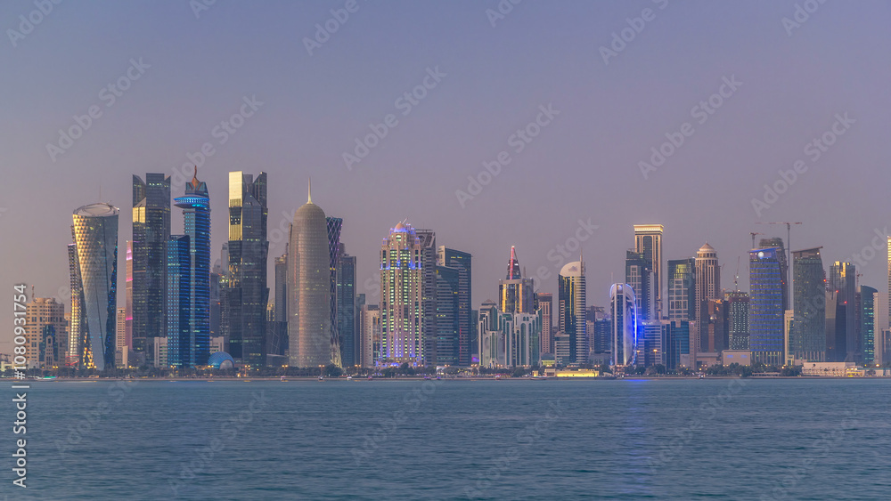 Obraz premium Doha downtown skyline day to night timelapse, Qatar, Middle East