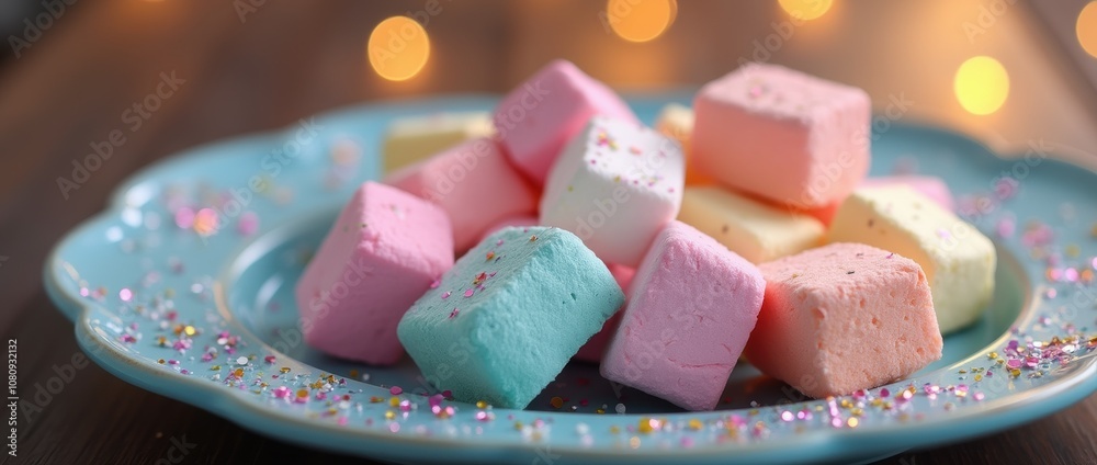 Colorful Square Marshmallows on Teal Plate