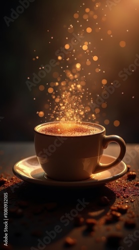 Magical Coffee Drink in Elegant Cup on Saucer with Beans
