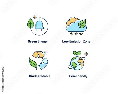 Sustainability Icons Collection: Green Energy, Biodegradable, Low Emission Zone, Eco-Friendly. Vector Icons Set.