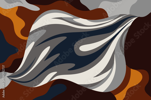 Smooth, curved shapes in shades of orange, gray, brown and dark blue create a dynamic and visually appealing abstract background, suitable for various design projects