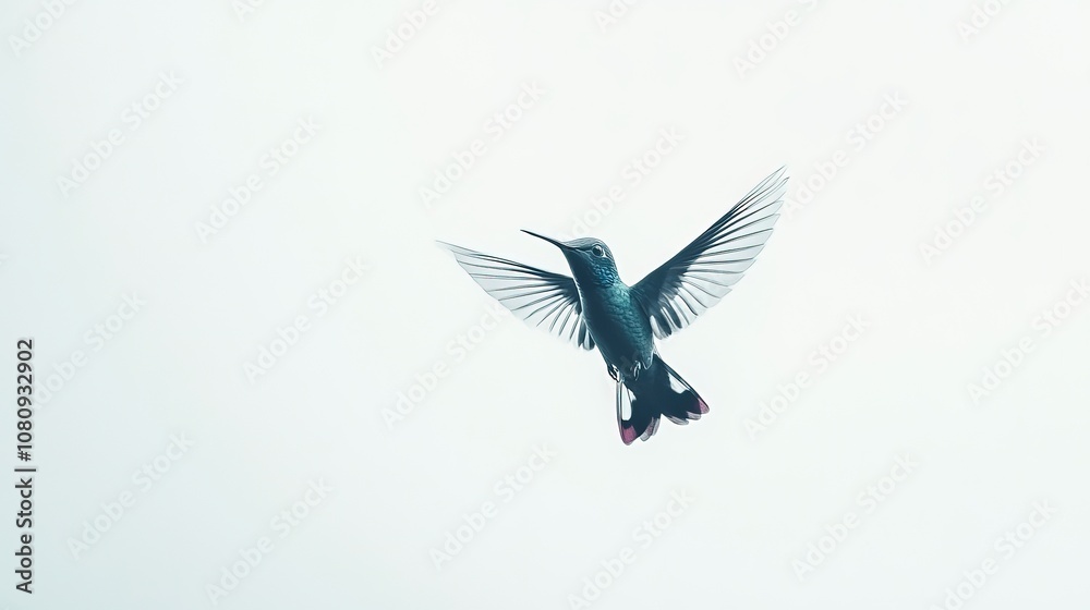 Obraz premium A hummingbird hovering in mid-air against a light background.