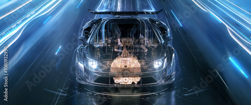 A transparent sports car with internal engine components, on a futuristic, high tech background. Speed and technology concept. 3d illustration