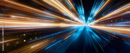 Long streaks of orange and blue light moving fast on night city street. Futuristic digital style on a black background. Speed and motion concept. 3d illustration