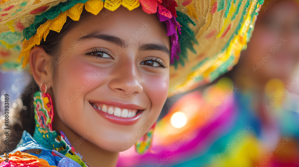 Portrait of a happy young latin american woman in a colorful sombrero and traditional dress, capturing the essence of festivity Portrait of a happy young latin american woman in a colorful sombrero and traditional dress, capturing the essence of festivity