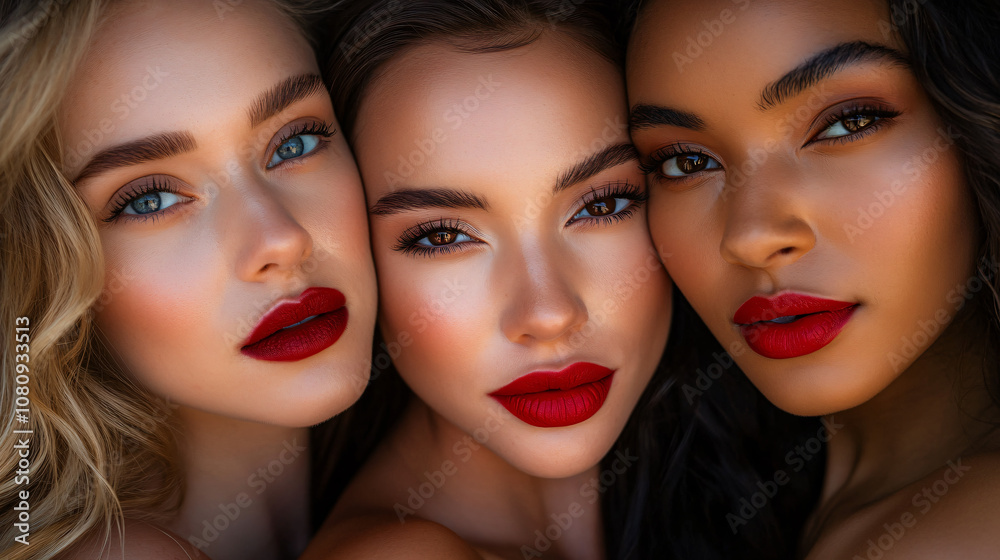 Naklejka premium Three beautiful models with different ethnicities posing together, showcasing flawless makeup with vibrant red lipstick