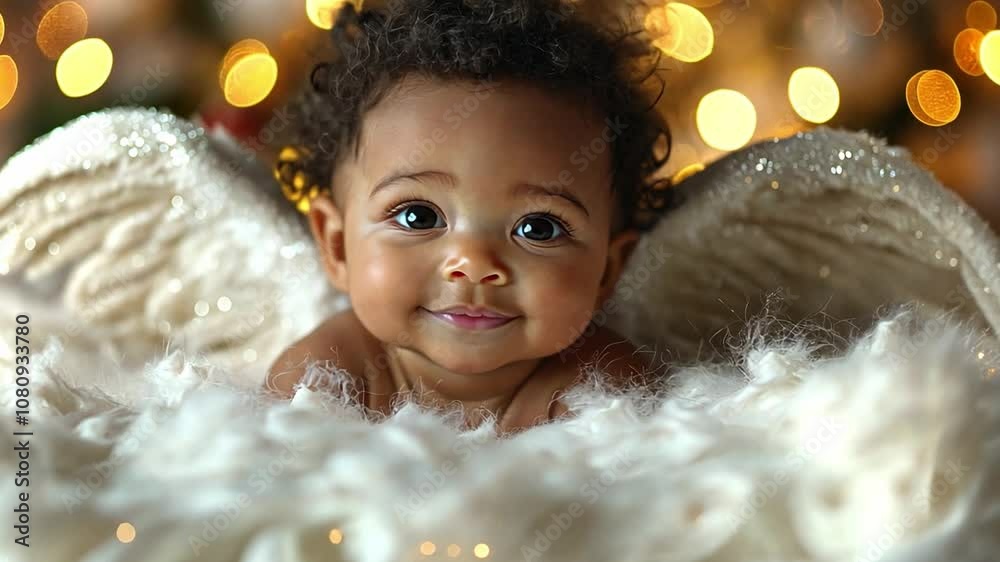 A joyful baby with angel wings smiles surrounded by festive decorations during holiday season A joyful baby with angel wings smiles surrounded by festive decorations during holiday season